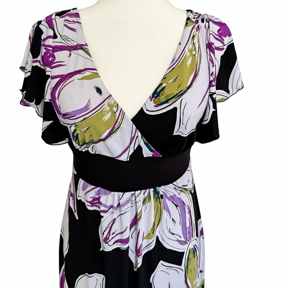 Dressbarn Maxi Dress 6 Black Purple Floral Print Empire Waist Flutter Sleeve - Picture 2 of 8